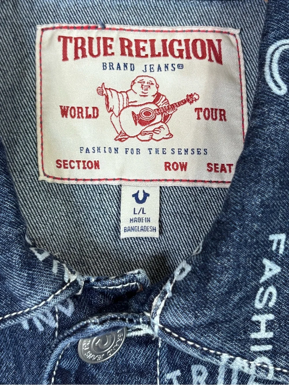 True Religion AOP Logo Denim Jacket World Tour Trucker Blue Large